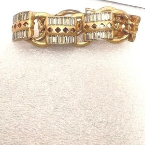 Vintage Chunky Book Link Bracelet Rhinestones Antiqued Gold Tone 6.75" 61g